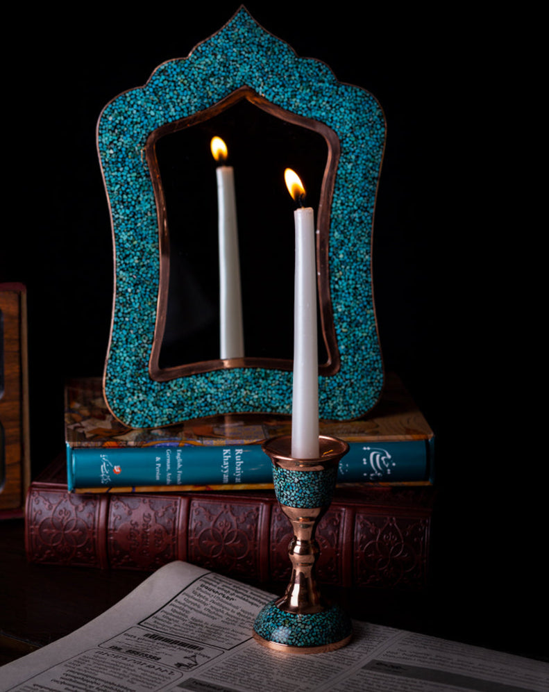Handcrafted turquoise and copper candlestick with natural turquoise stone inlay, luxury home décor by Persis Antiques