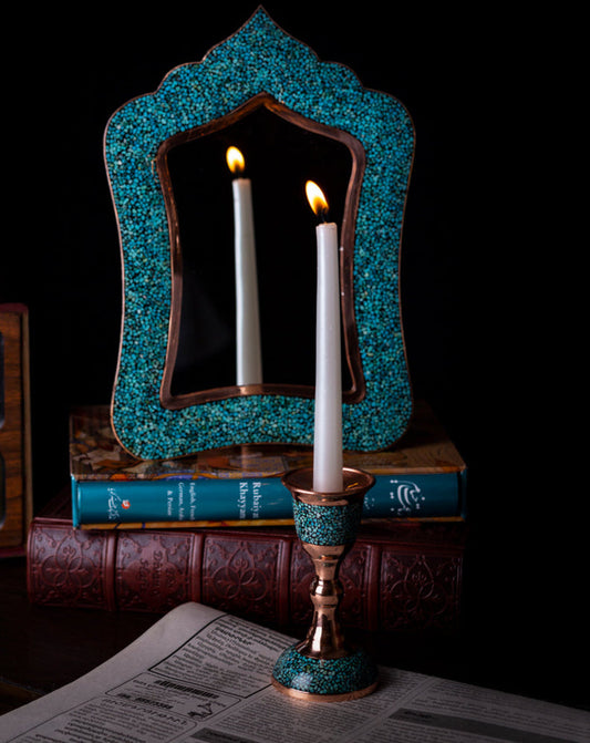 Handcrafted turquoise and copper candlestick with natural turquoise stone inlay, luxury home décor by Persis Antiques