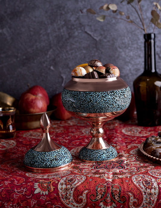 Luxury Handcrafted Turquoise and Copper Bowl with Lid | Decorative Dish & Premium Gifting Piece | Persis Antiques