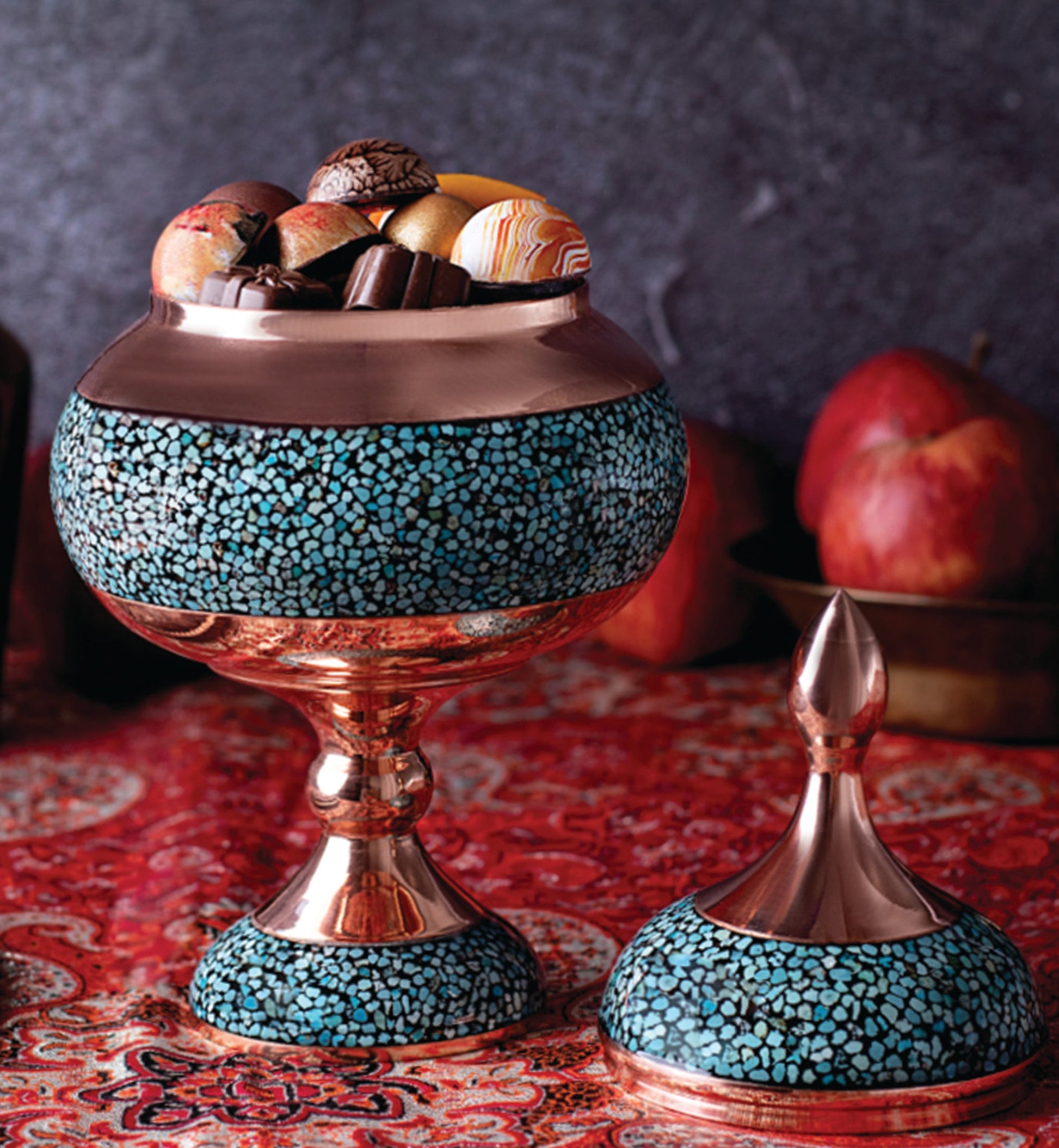 Decorative bowl with turquoise and copper design on a dark background Turquoise and copper bowl with premium packaging for corporate and special occasion gifts

